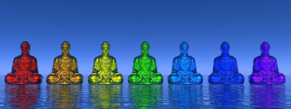 Seven small buddhas in chakra colors meditating upon water by day - 3D render