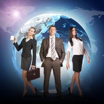 Business people in suits standing on background of Earth. World map on dark background. Isolated on white background. Elements of this image furnished by NASA