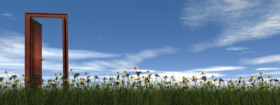 Wooden door in the grass with flowers - 3D render