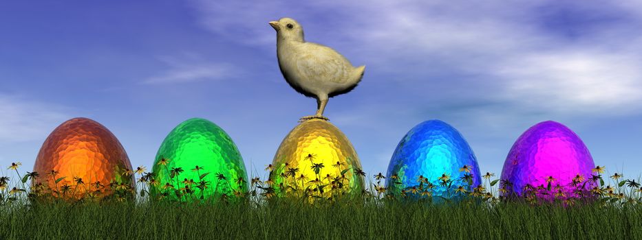 Easter eggs and chick in nature by day- 3D render