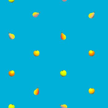 Sparse seamless pattern with apples and pears over a blue cyan background