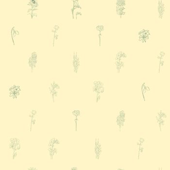 Sparse seamless pattern with different flowers, hand drawn doodles on a yellow background