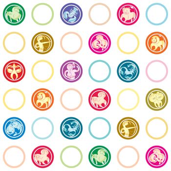 Retro pattern with all zodiac signs and circular shapes, funny cartoon illustrations over white background