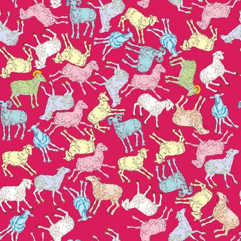 Seamless pattern with colored sheeps over a vibrant magenta background