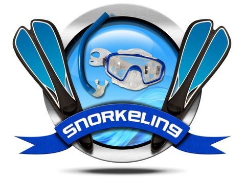 Metal icon or symbol with equipment for snorkeling and blue ribbon with text snorkeling. Isolated on white background