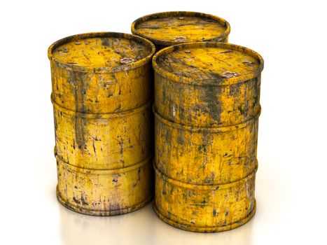 сhemical yellow old barrels on a white background