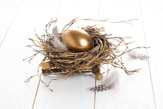 golden egg in the nest on white wooden background
