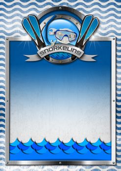 Vertical signboard with metal frame and blue and white waves, snorkeling metal symbol. Template for snorkeling sport