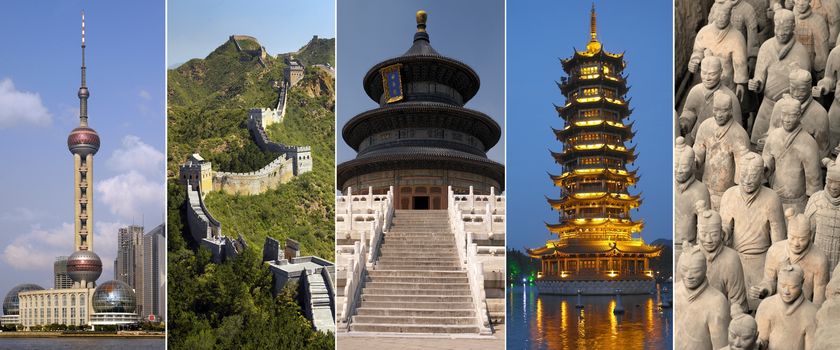 China - Shanghai, The Great Wall, Forbidden City in Beijing, Guilin Pagoda and the Terracotta Army in Xian.