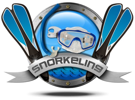 Metal icon or symbol with porthole, equipment for snorkeling and metal ribbon with text snorkeling. Isolated on white background