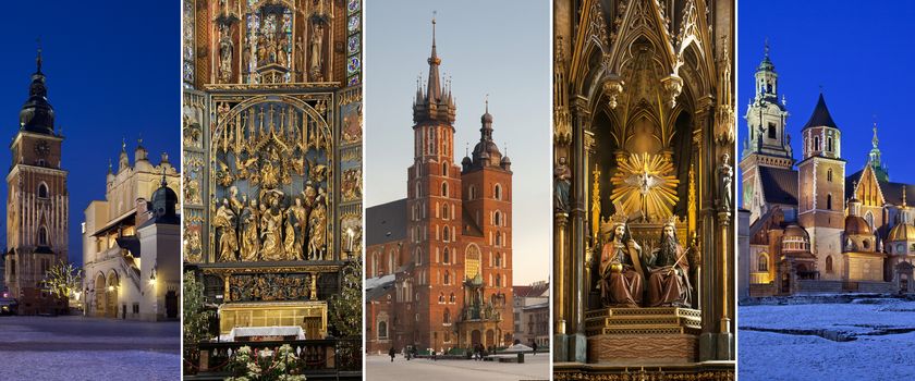 Sightseeing in the city of Krakow in Poland - Cloth Hall and tower in the main square (Rynek Glowny), altarpiece carved by Veit Stoss, St. Marys Church, the Dominican Church and Wawel Cathedral.