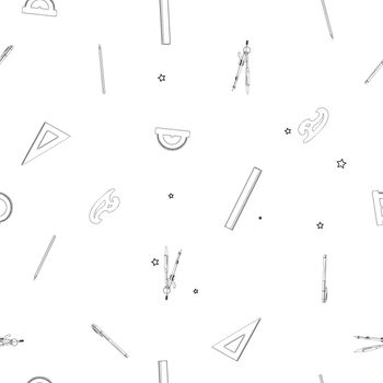 Sparse seamless pattern with school supplies, doodle illustrations of geometry drawing instruments over white background