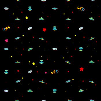 Sparse pattern with different extraterestrial spaceships and text, illustration over a black sky background