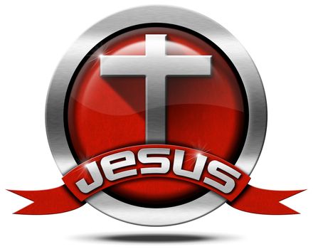 Round metal icon with metallic cross and red velvet ribbon with text Jesus. Isolated on white background