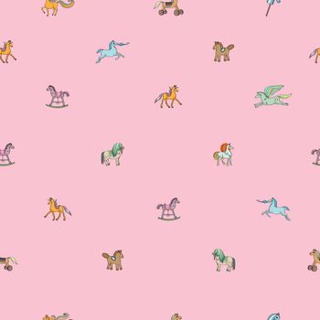 Sparse seamless pattern with toy horses, hand drawn cartoons over a pink background