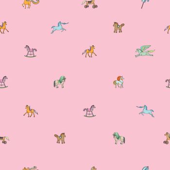 Sparse seamless pattern with toy horses, hand drawn cartoons over a pink background