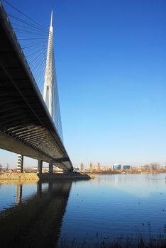 view of the new cable-stayed bridge over Sava river, central tower