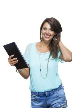 Close up Pretty Young Woman Browsing at her Black Tablet Computer, Isolated on White Background.