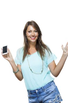 Portrait of Pretty Happy Woman in Casual Clothing Looking Something at her Mobile Phone on Hand. Captures in Studio with White Background.