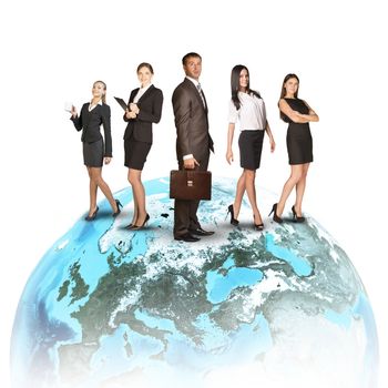 Business people in suits standing on Earth. Isolated on white background. Elements of this image furnished by NASA