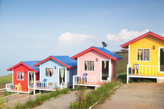 Houses a variety of colors. Built in the mountain resort during the holidays.