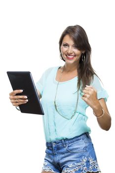 Close up Pretty Young Woman Browsing at her Black Tablet Computer, Isolated on White Background.