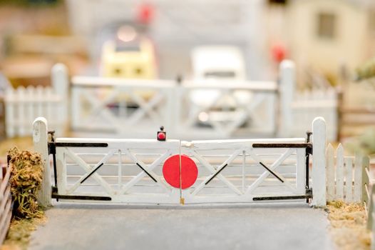closeup of miniature model railroad barriers