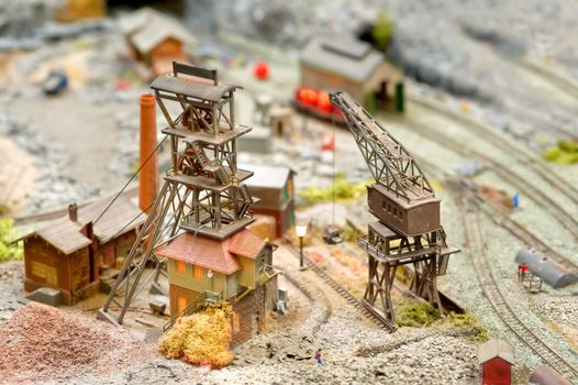 coal mining buildings and equipment on a model train set layout