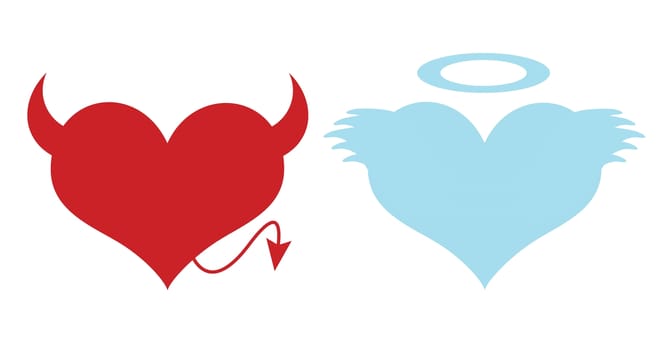 Red heart with horns and tail. Blue heart with wings and halo. Concept of love