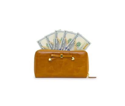 Purse with hundred dollar banknote isolated on white background cutout