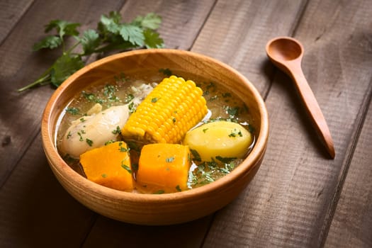 Traditional Chilean Cazuela de Pollo (or Cazuela de Ave) soup made of chicken, sweetcorn, pumpkin and potato, seasoned with fresh coriander served in wooden bowl, photographed on wood with natural light (Selective Focus, Focus one third into the soup)