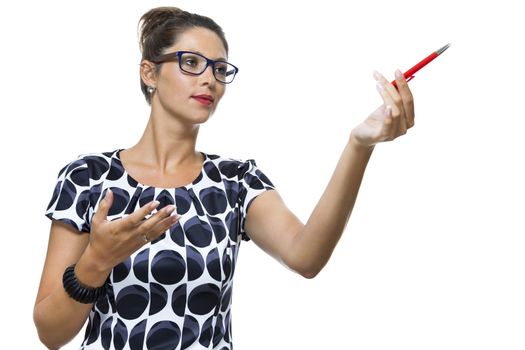 Portrait of Serious Woman with Eyeglasses, Wearing a Printed Dress, Holding a Red Ballpoint Pen. Captured in Studio with White Background.