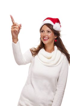 Young woman in a Santa hat holding out her hands with her empty palms upwards for placement of your Christmas and seasonal products, isolated on white with copyspace