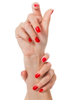 Woman with beautiful manicured red fingernails gracefully crossing her hands to display them to the viewer on a white background in a fashion, glamour and beauty concept