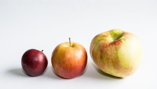 Three apples on white. Three apples in different sizes on white background.