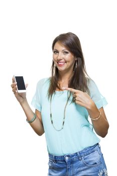 Portrait of Pretty Happy Woman in Casual Clothing Looking Something at her Mobile Phone on Hand. Captures in Studio with White Background.