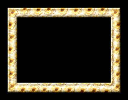 Photo frame with empty teksutroy yellow roses on a black background