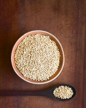 Overhead shot of popped white quinoa (lat. Chenopodium quinoa) cereal in bowl, photographed with natural light (Selective Focus, Focus on the popped quinoa in the bowl)