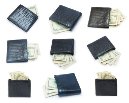 Set of a stack of dollars with leather purse isolated on a white background