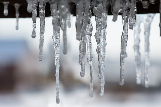 Icicles hanging on the ledge of the roof in the spring