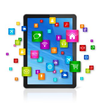 3D Digital Tablet pc with flying apps icons - isolated on white