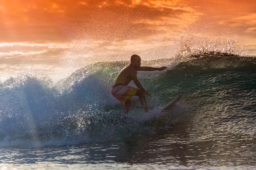 Surfer on Amazing Wave at sunset time, Bali island.