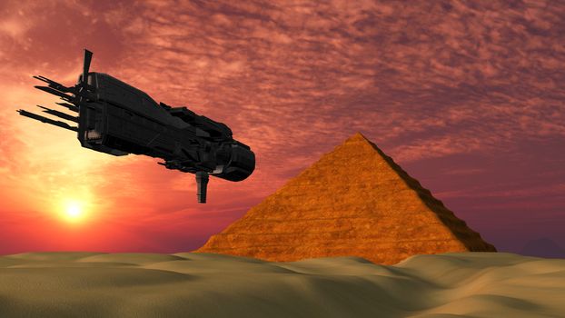 UFO Spaceship Flying towards a Pyramid in the desert - Fantasy Alien Illustrations