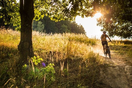 Young biker going fast downhill with dust raising in his wake