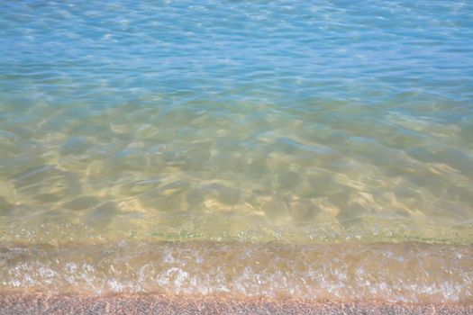 Waters edge. Closeup of sandy beach with crystal clear water, Mallorca, Balearic islands, Spain.