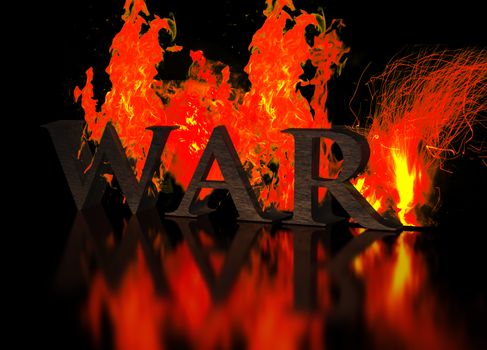 Grunge Metallic Letters write WAR in Flames at dark background