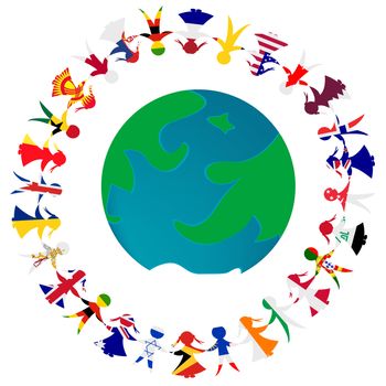 Peacce concept with Earth globe and holding hands people patterned in the World's flags