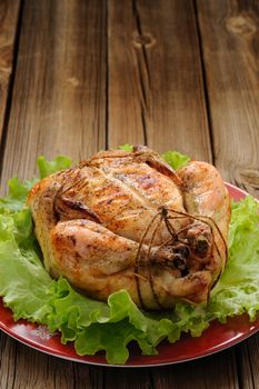 Bondage shibari roasted chicken with salad leaves on red plate on wooden background with space vertical