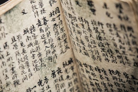 Closeup of a Old and Opened Asian Calligraphy Book