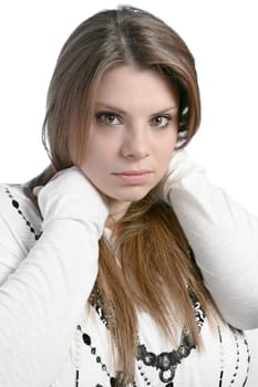image of a girl with hands in her hair and white background